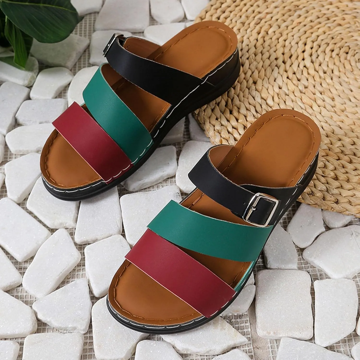 SuanlaTDS Womens Sandals Comfortable Dressy Wedge Platform Slip On Low Heels Orthopedic Sandals with Arch Support Summer Beach Casual Open Toe Wedges Flat Slide Sandals Outdoor Shoes