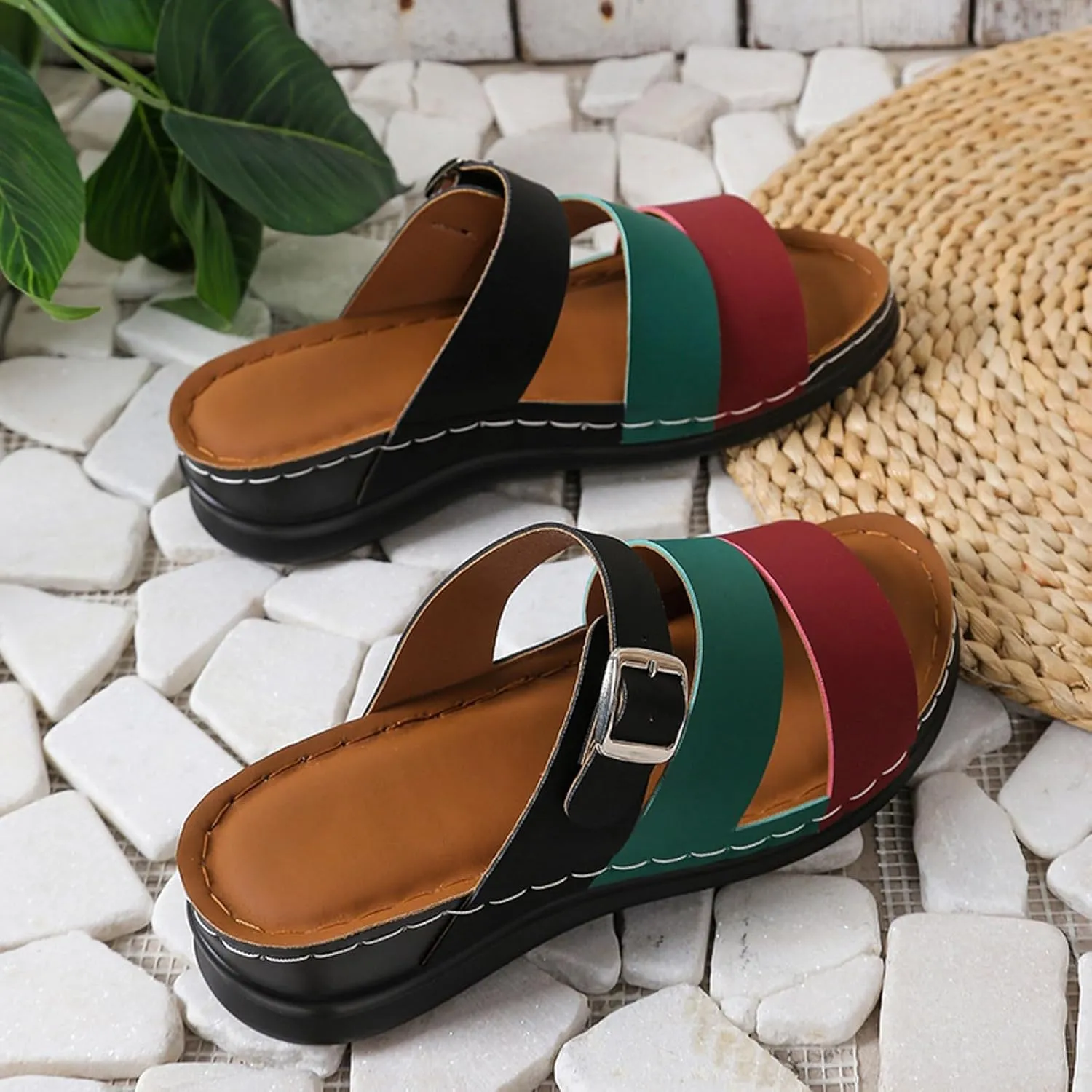 SuanlaTDS Womens Sandals Comfortable Dressy Wedge Platform Slip On Low Heels Orthopedic Sandals with Arch Support Summer Beach Casual Open Toe Wedges Flat Slide Sandals Outdoor Shoes