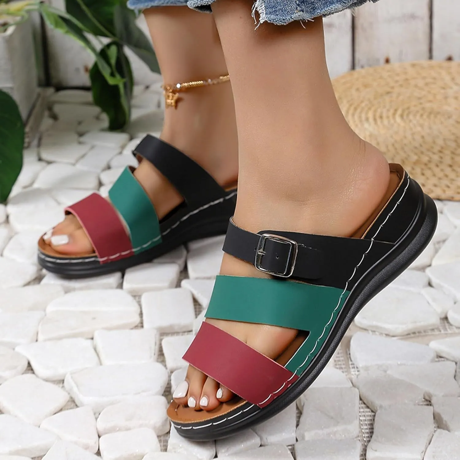 SuanlaTDS Womens Sandals Comfortable Dressy Wedge Platform Slip On Low Heels Orthopedic Sandals with Arch Support Summer Beach Casual Open Toe Wedges Flat Slide Sandals Outdoor Shoes