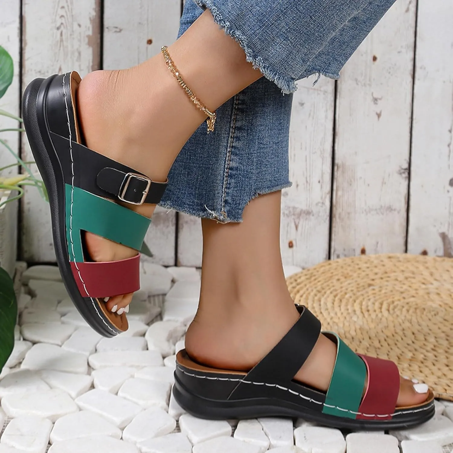 SuanlaTDS Womens Sandals Comfortable Dressy Wedge Platform Slip On Low Heels Orthopedic Sandals with Arch Support Summer Beach Casual Open Toe Wedges Flat Slide Sandals Outdoor Shoes