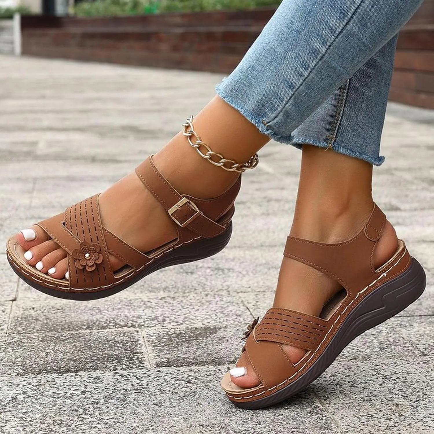 SuanlaTDS Womens Sandals Platform Comfortable Wedge Open Toe with Arch Support Ankle Strap Bubkl-e Orthopedic Sandals Summer Outdoor Activities Beach Low Wedges Heels Walking Shoes