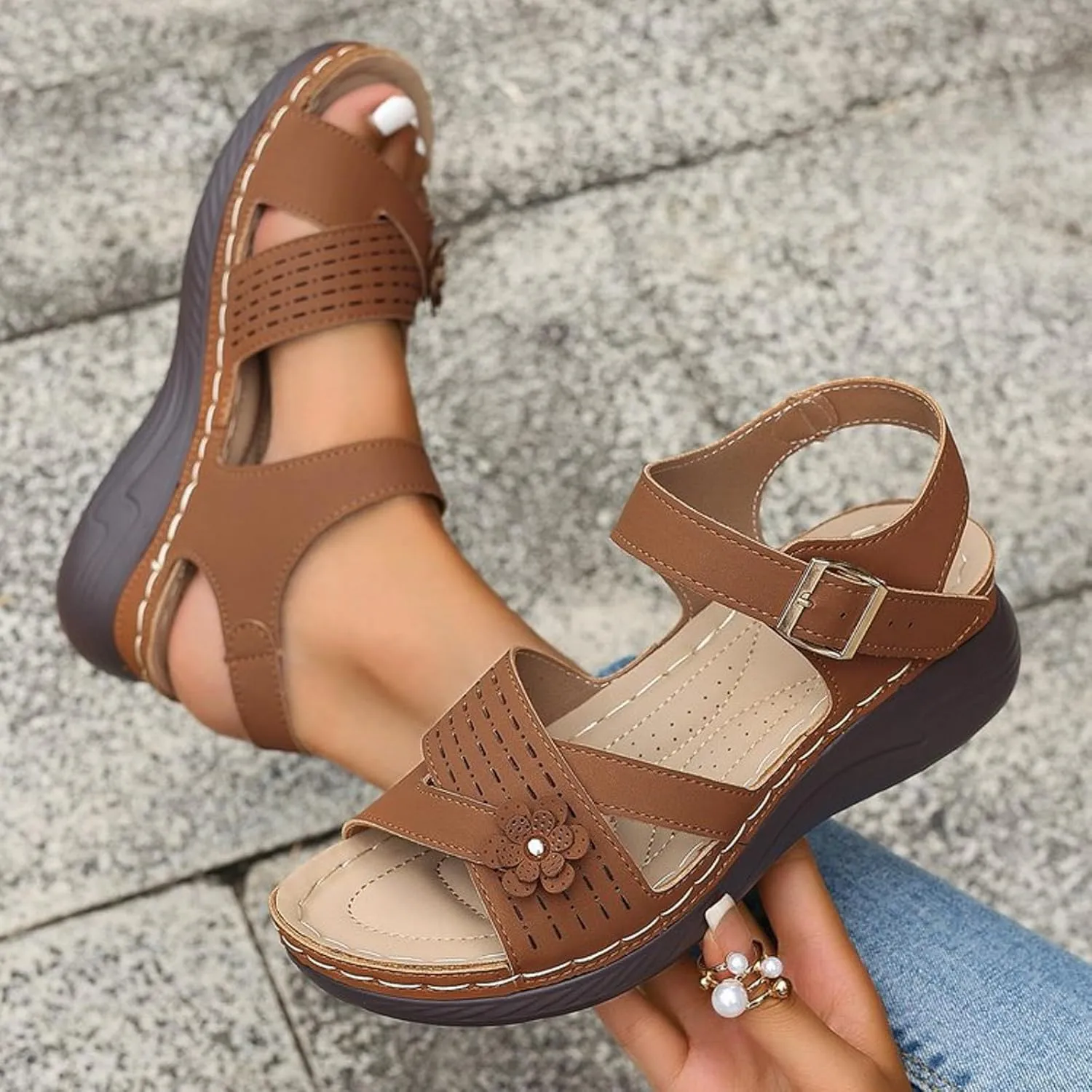 SuanlaTDS Womens Sandals Platform Comfortable Wedge Open Toe with Arch Support Ankle Strap Bubkl-e Orthopedic Sandals Summer Outdoor Activities Beach Low Wedges Heels Walking Shoes