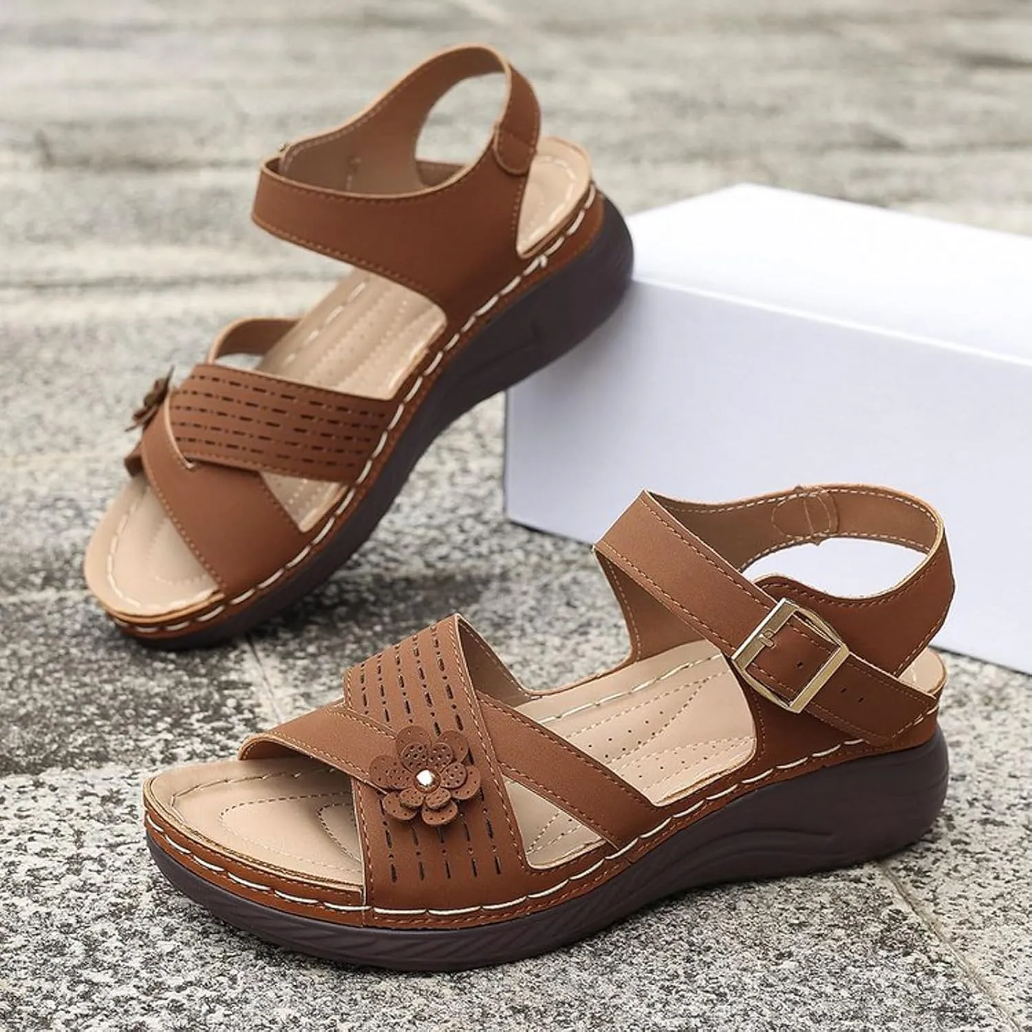 SuanlaTDS Womens Sandals Platform Comfortable Wedge Open Toe with Arch Support Ankle Strap Bubkl-e Orthopedic Sandals Summer Outdoor Activities Beach Low Wedges Heels Walking Shoes
