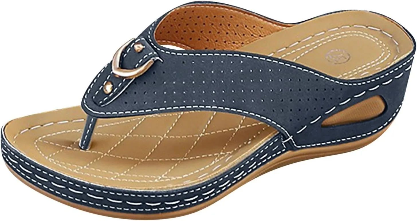 SuanlaTDS Women's Summer Wedge Sandals Orthopedic Flip Flops 2025 Platform Slides Comfortable Walking Shoes with Arch Support Bohemian Beach Wedding Dressy Outdoor Low Wedges Heel Slide Sandal