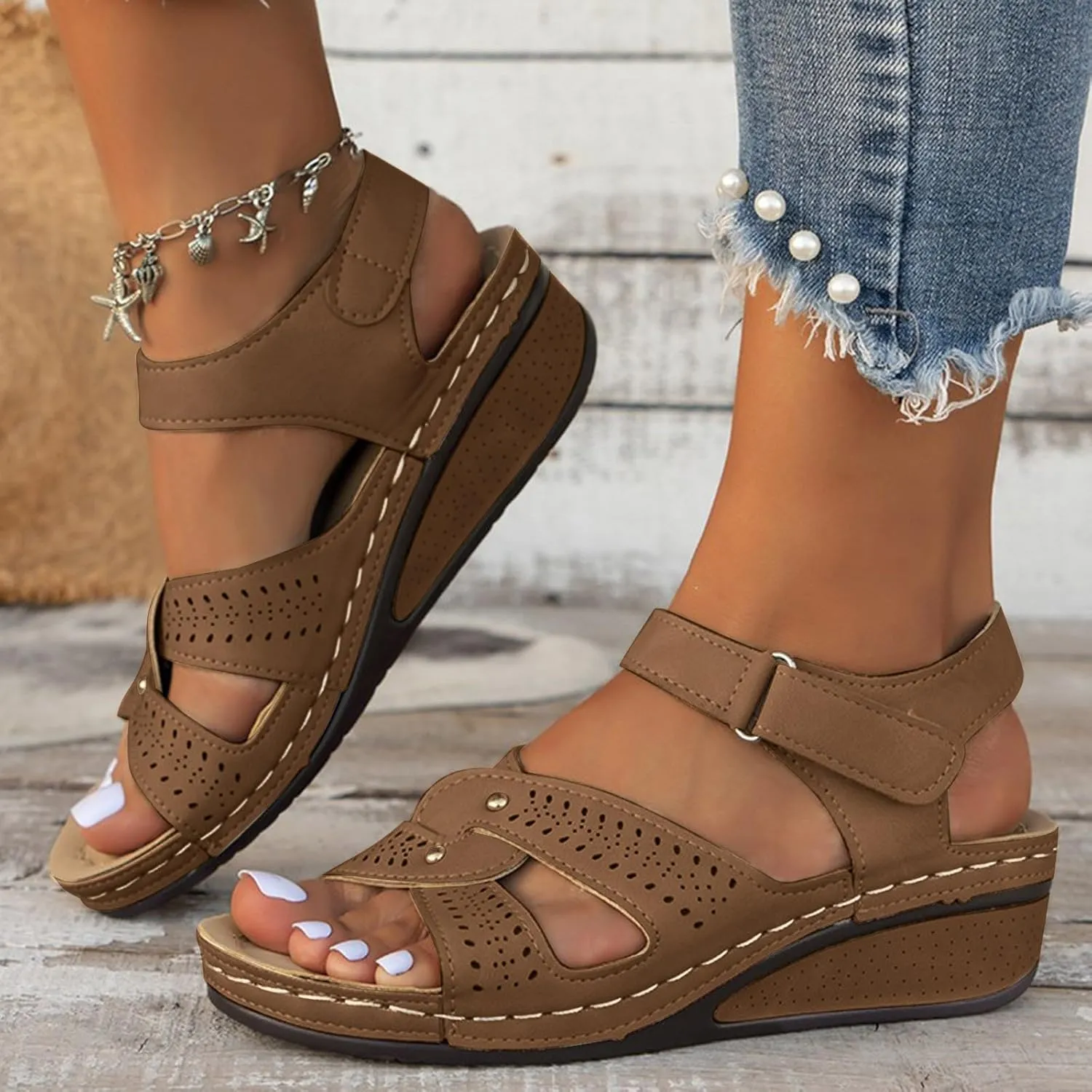 SuanlaTDS Women's Wedge Orthopedic Sandals with Arch Support 2025 Dressy Summer Platform Hook Loop Ankle Strap Crisscross Open Toe Comfortable Outdoor Walking Shoes Beach Sandal