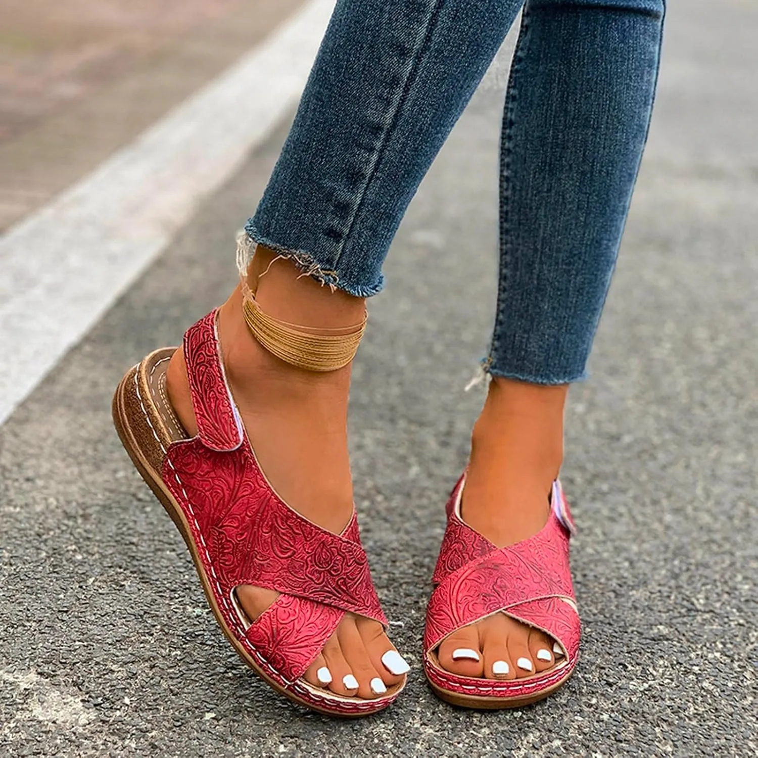 SuanlaTDS Womens Wedge Sandals Comfortable Summer Walking Shoes Crisscross Open Toe Hook & Loop Closure Ankle Strap Dressy Casual Wedges Low Heels Orthopedic Sandal with Arch Support