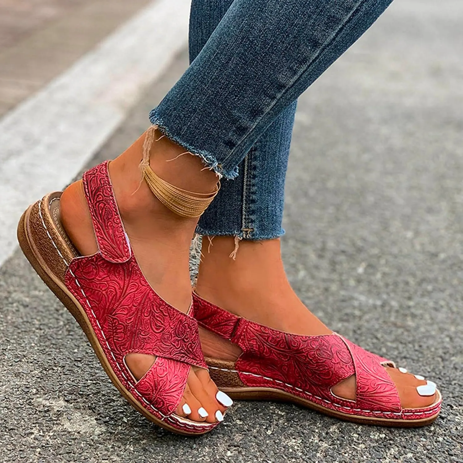 SuanlaTDS Womens Wedge Sandals Comfortable Summer Walking Shoes Crisscross Open Toe Hook & Loop Closure Ankle Strap Dressy Casual Wedges Low Heels Orthopedic Sandal with Arch Support