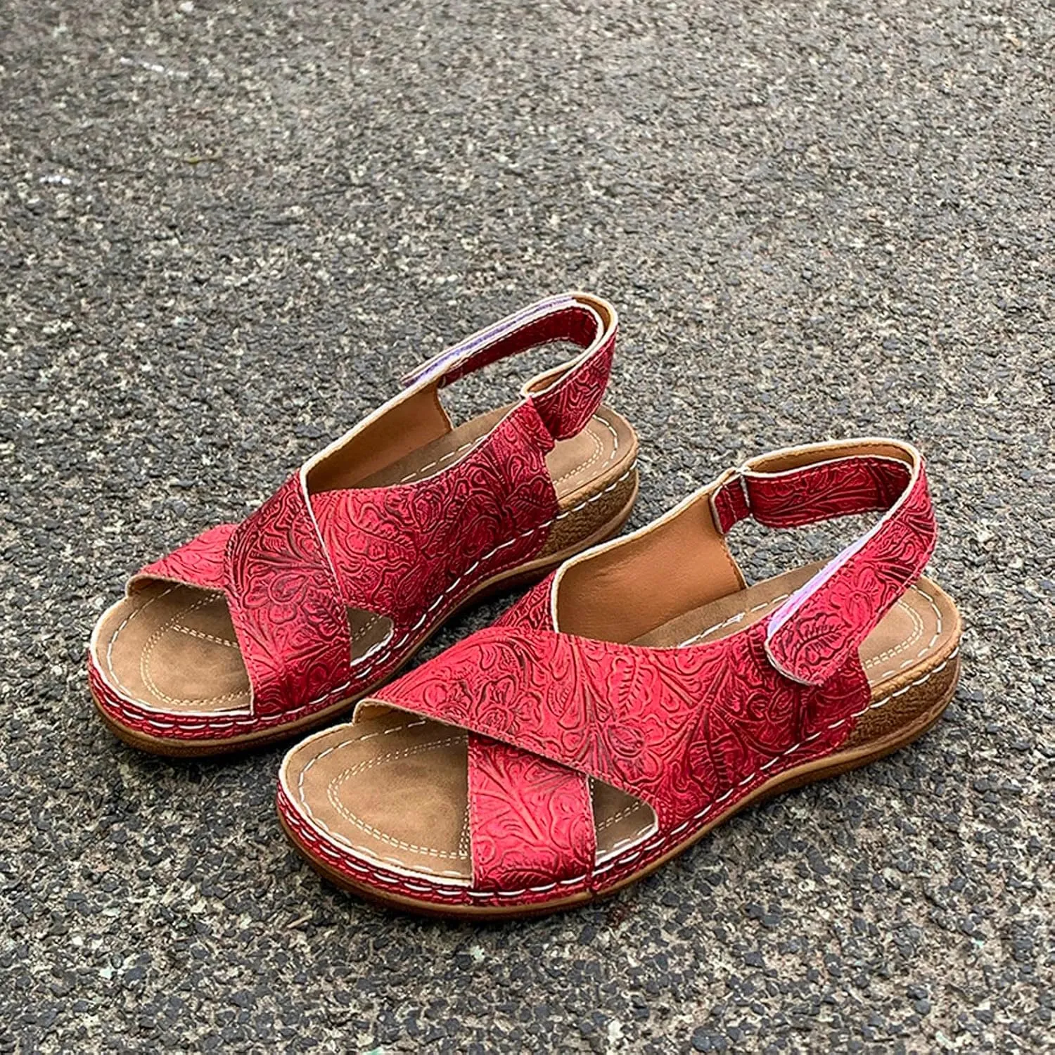 SuanlaTDS Womens Wedge Sandals Comfortable Summer Walking Shoes Crisscross Open Toe Hook & Loop Closure Ankle Strap Dressy Casual Wedges Low Heels Orthopedic Sandal with Arch Support