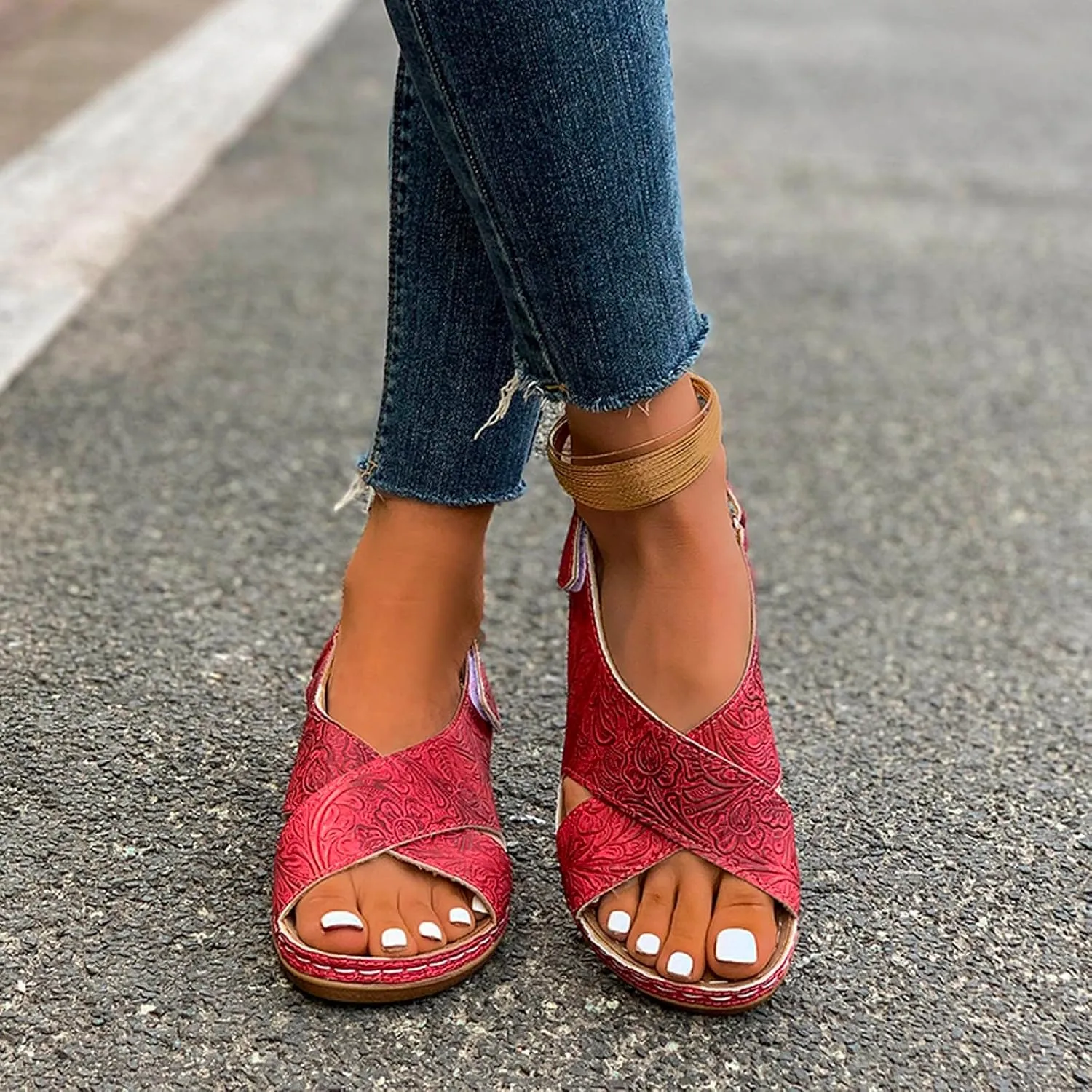 SuanlaTDS Womens Wedge Sandals Comfortable Summer Walking Shoes Crisscross Open Toe Hook & Loop Closure Ankle Strap Dressy Casual Wedges Low Heels Orthopedic Sandal with Arch Support