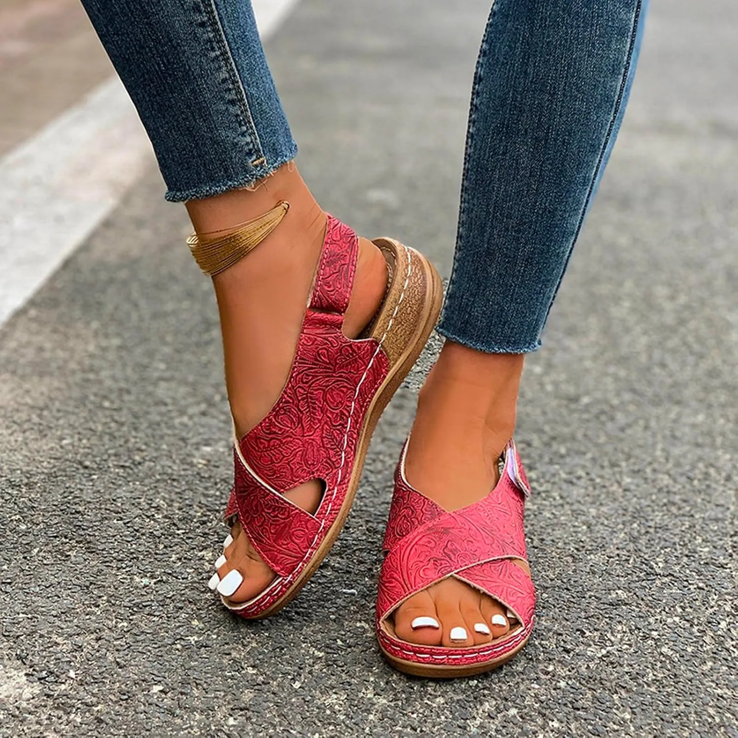 SuanlaTDS Womens Wedge Sandals Comfortable Summer Walking Shoes Crisscross Open Toe Hook & Loop Closure Ankle Strap Dressy Casual Wedges Low Heels Orthopedic Sandal with Arch Support