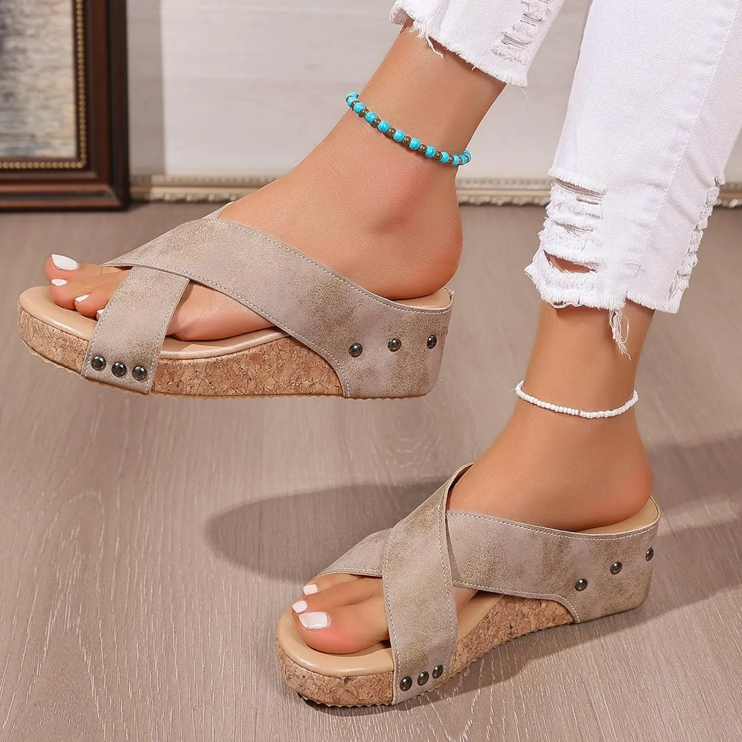 SuanlaTDS Women's Wedge Sandals Dressy Platform Crisscross Open Toe Low Heel Summer Wedding Party Dress Shoes 2025 Comfortable Slip-on Bohemian Elegant Outdoor Wedges Slide Sandal Slippers