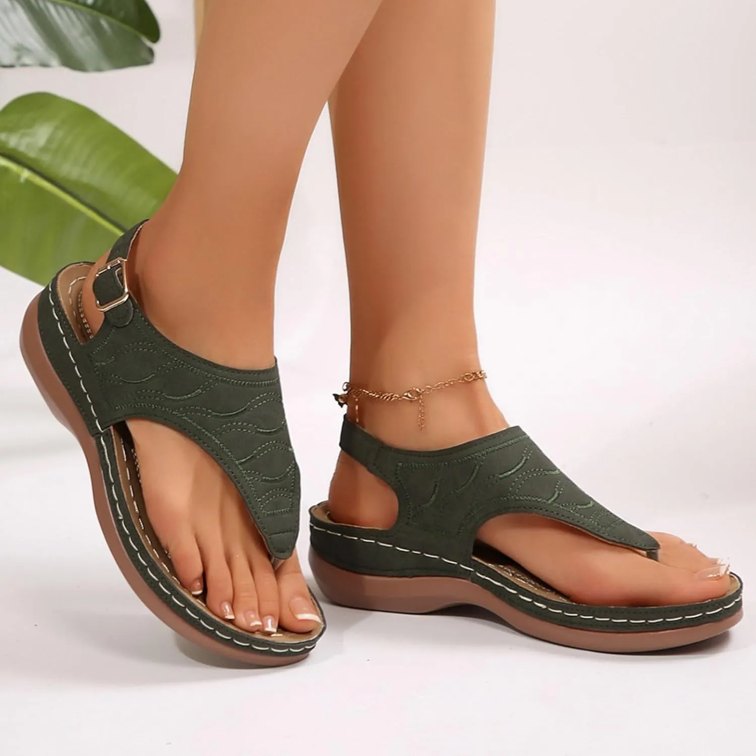 SuanlaTDS Womens Wedges Sandals Orthopedic Flip Flops Summer Dressy Arch Support Thong Open Toe Buckle Ankle Strap Comfortable Wide Width Platform Elegant Low Heels Wedge Sandal for Party