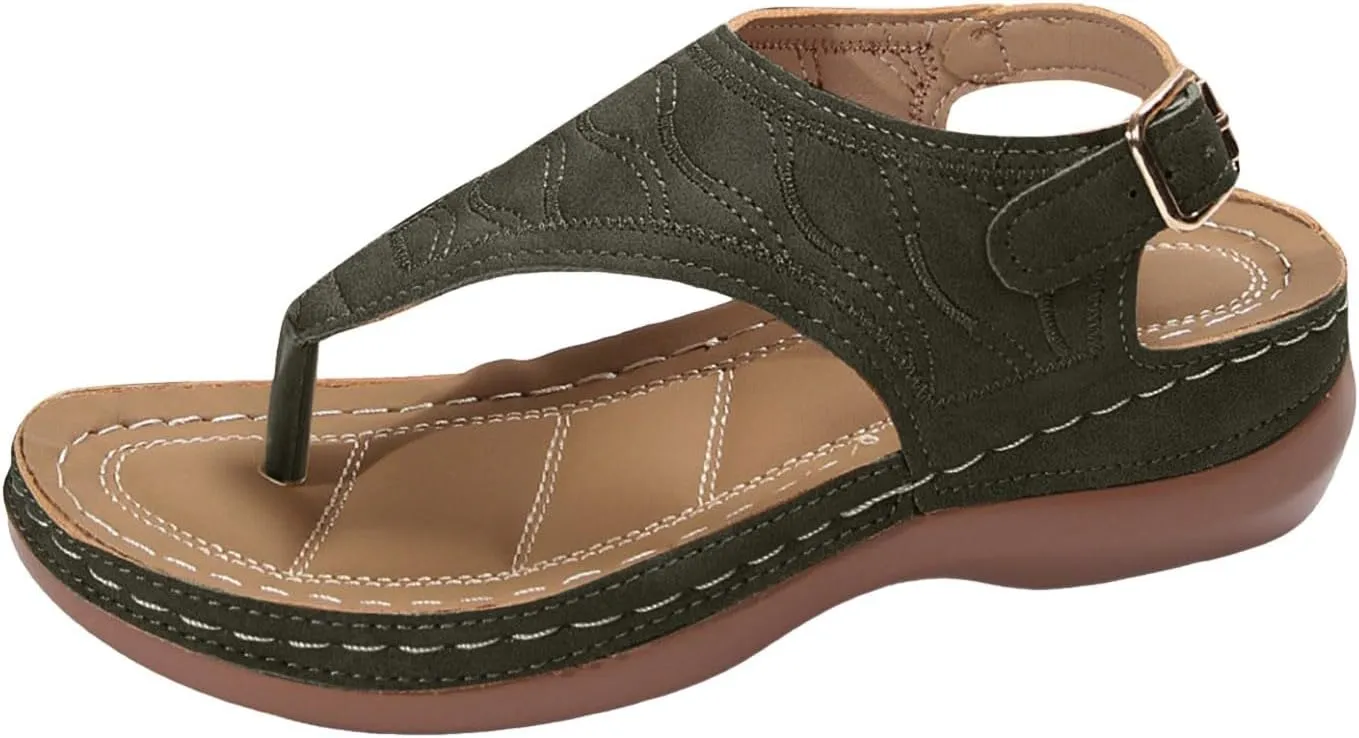 SuanlaTDS Womens Wedges Sandals Orthopedic Flip Flops Summer Dressy Arch Support Thong Open Toe Buckle Ankle Strap Comfortable Wide Width Platform Elegant Low Heels Wedge Sandal for Party
