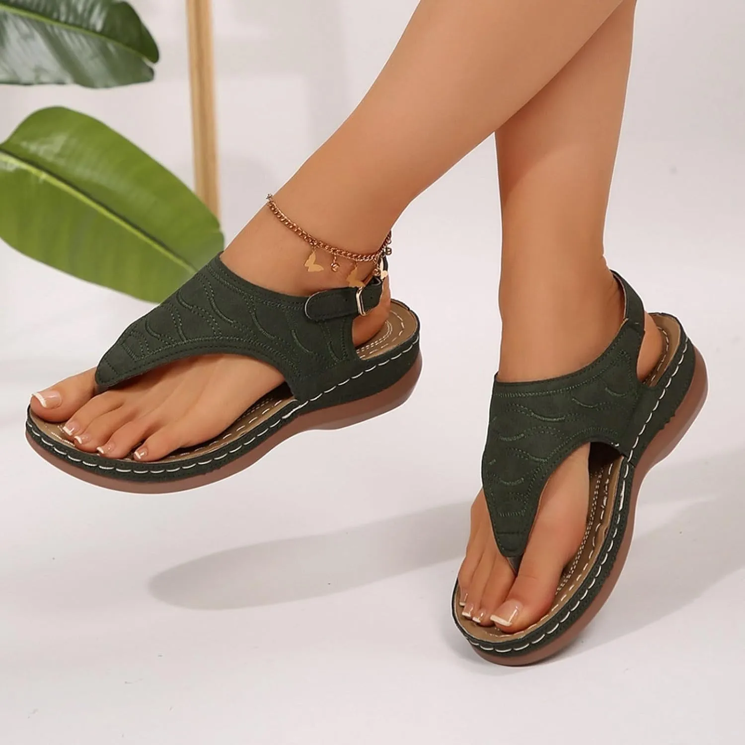 SuanlaTDS Womens Wedges Sandals Orthopedic Flip Flops Summer Dressy Arch Support Thong Open Toe Buckle Ankle Strap Comfortable Wide Width Platform Elegant Low Heels Wedge Sandal for Party