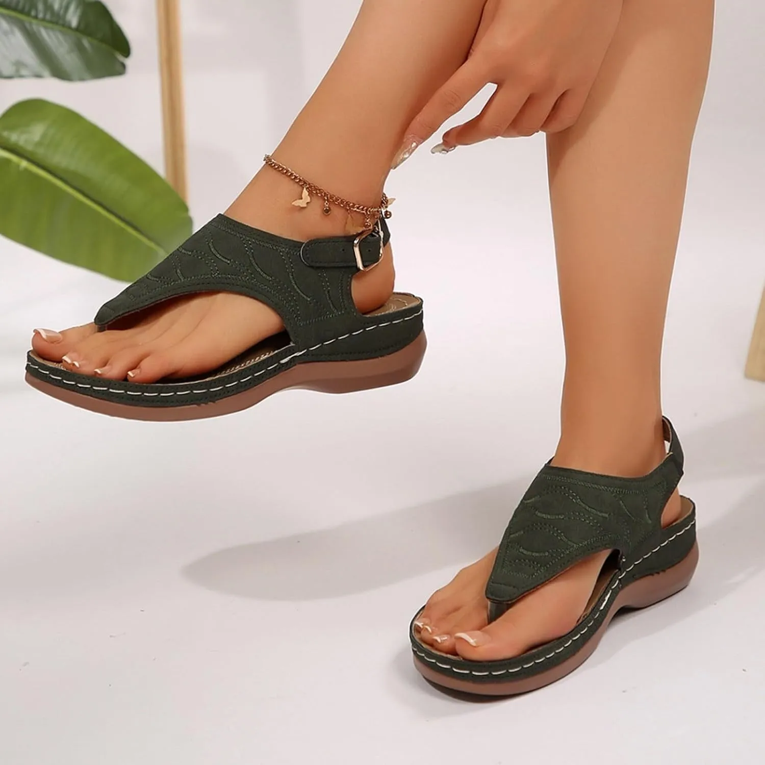 SuanlaTDS Womens Wedges Sandals Orthopedic Flip Flops Summer Dressy Arch Support Thong Open Toe Buckle Ankle Strap Comfortable Wide Width Platform Elegant Low Heels Wedge Sandal for Party