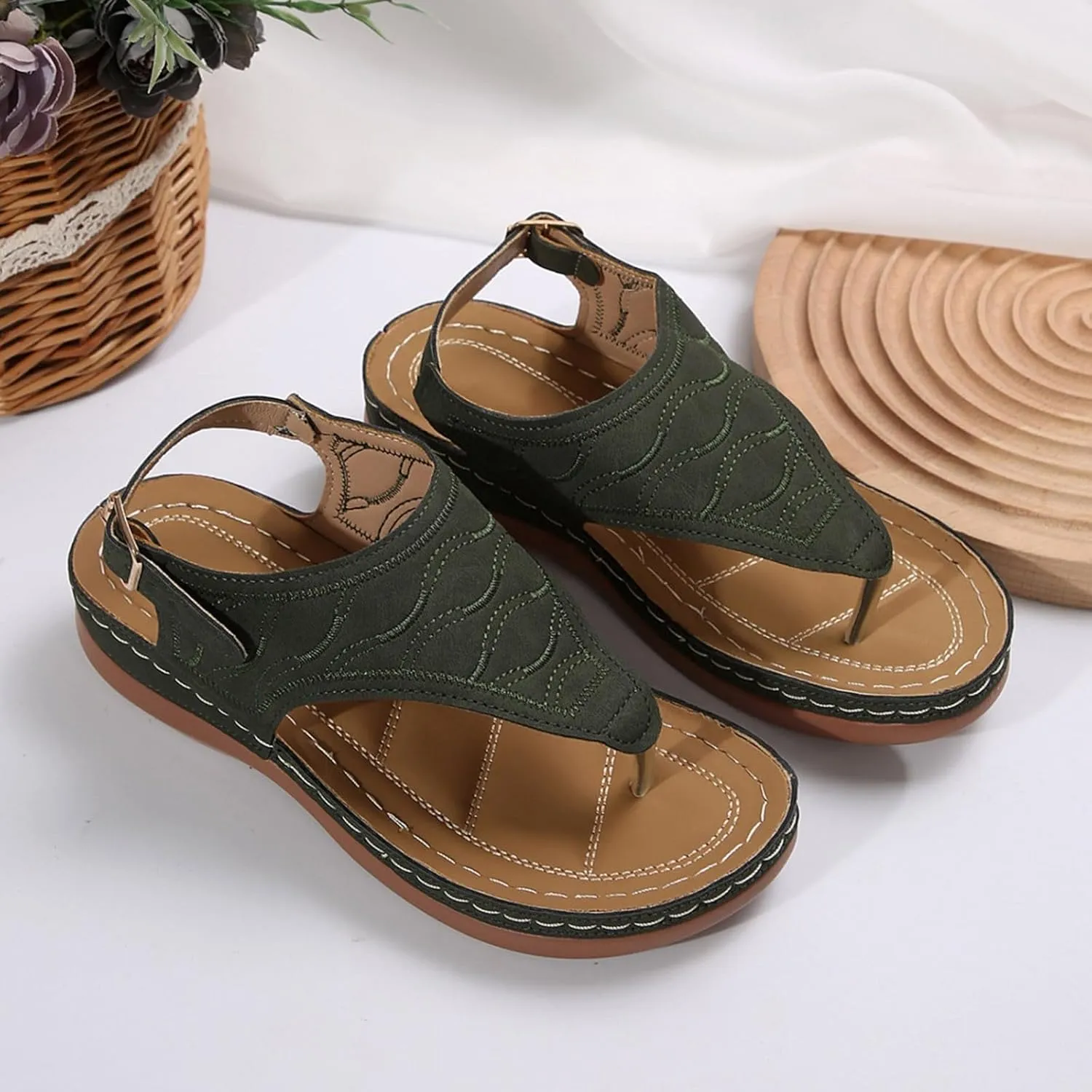 SuanlaTDS Womens Wedges Sandals Orthopedic Flip Flops Summer Dressy Arch Support Thong Open Toe Buckle Ankle Strap Comfortable Wide Width Platform Elegant Low Heels Wedge Sandal for Party