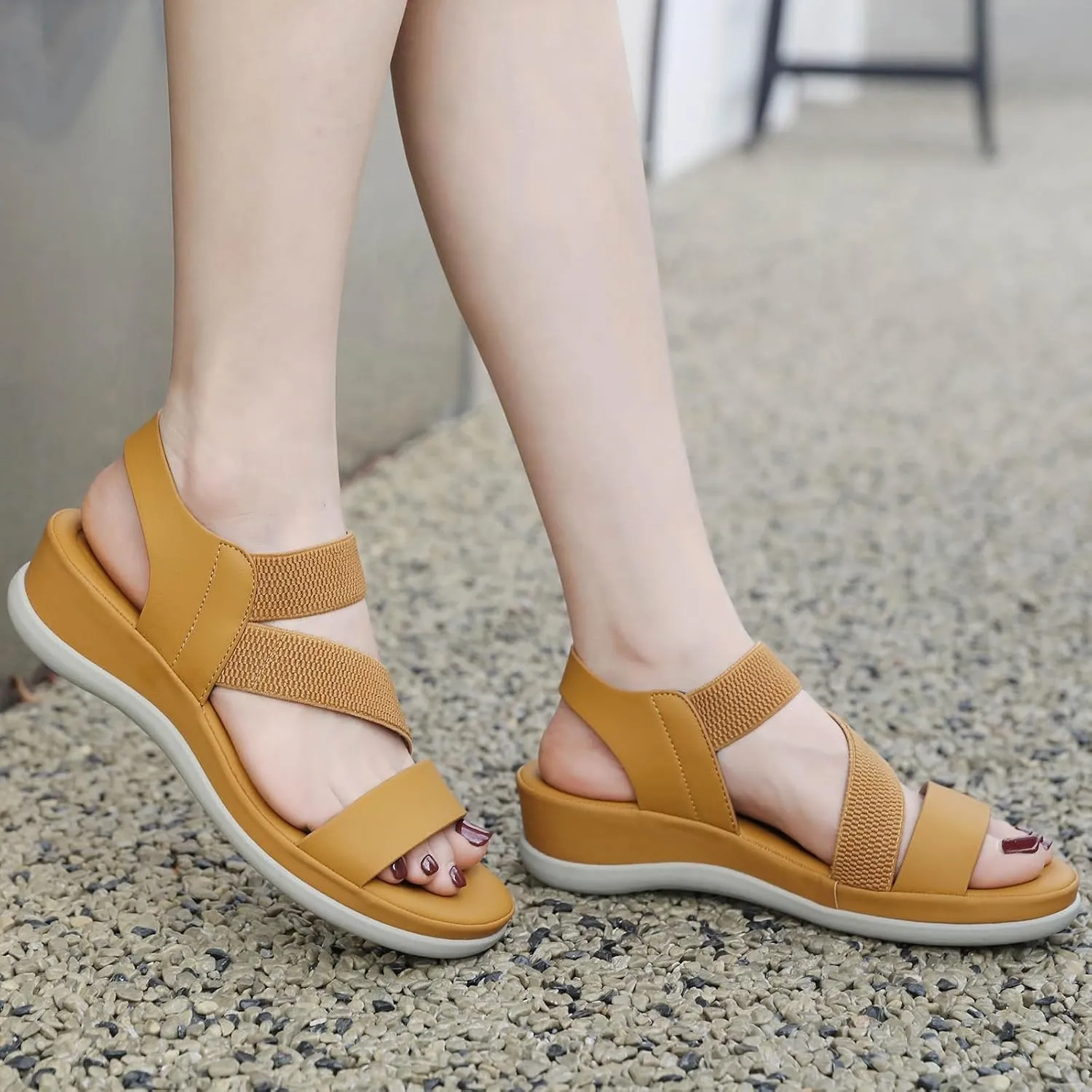 SuanlaTDS Womens Wedges Sandals Stretch Elastic Ankle Strap Open Toe Platform Slip On Orthopedic Sandal Arch Support 2025 Outdoor Comfortable Dressy Summer Low Heels Wedge Beach Shoes