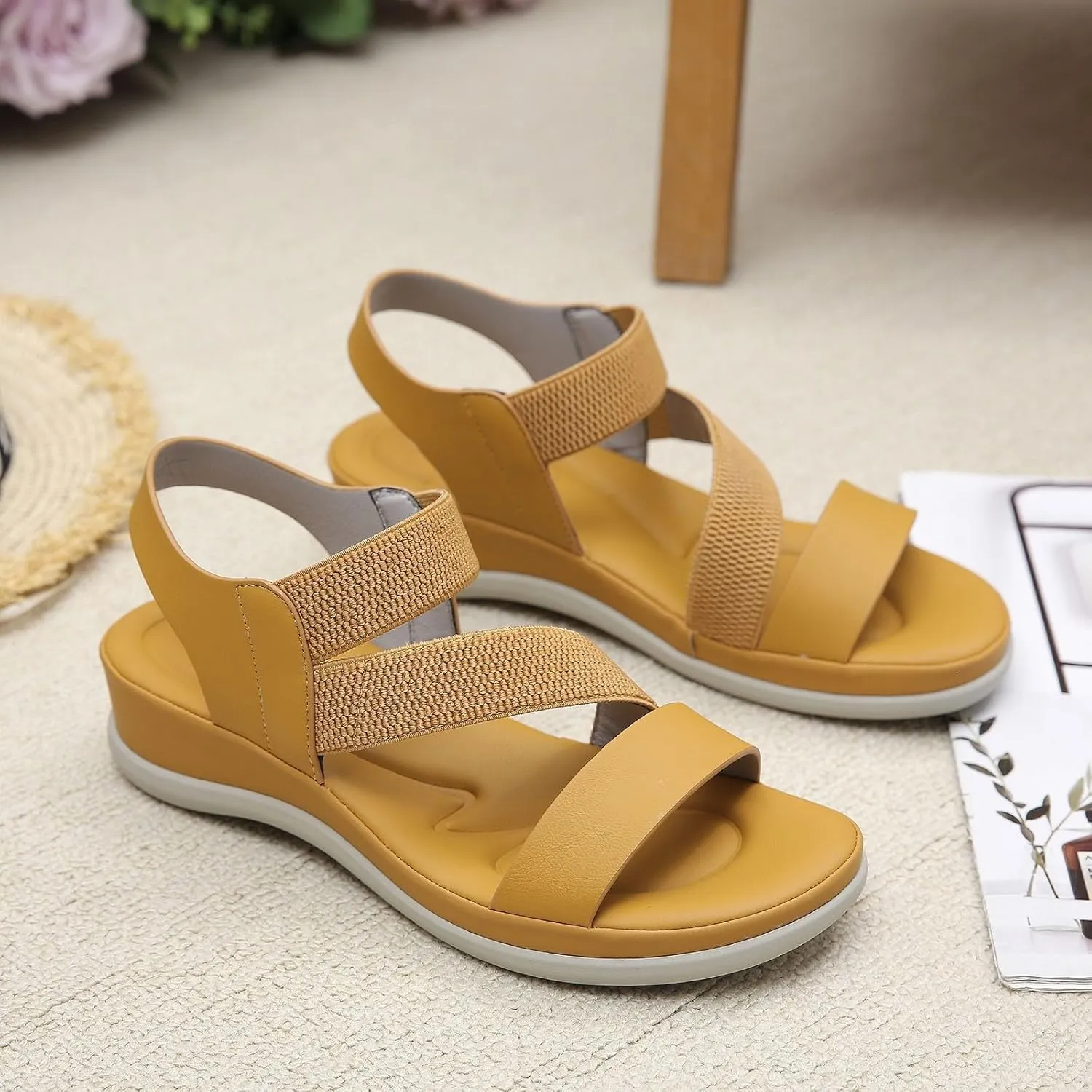 SuanlaTDS Womens Wedges Sandals Stretch Elastic Ankle Strap Open Toe Platform Slip On Orthopedic Sandal Arch Support 2025 Outdoor Comfortable Dressy Summer Low Heels Wedge Beach Shoes