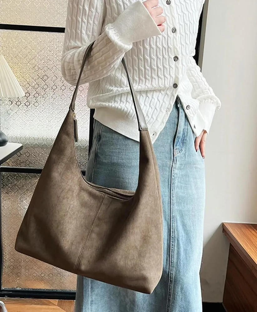 Suede Tote Bag for Women Crescent Satchel Shoulder Bag Fall Suede Handbag Trendy Slouchy Purse Work College Bag