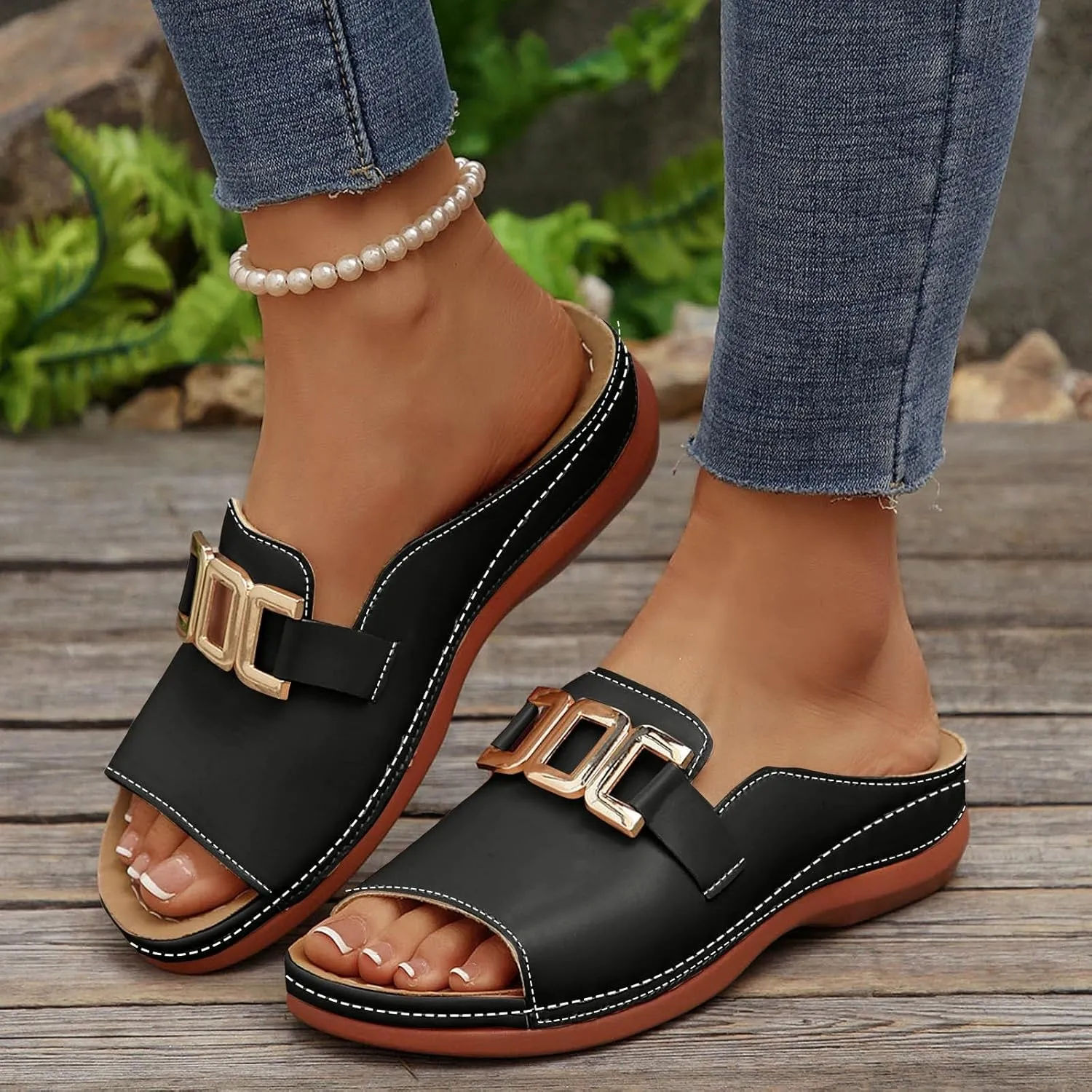 Summer Sandals for Women Comfortable Walking Low Heel Slip On Slippers Breathable Platform Wedges Sandals Lightweight Open Toe Slippers Orthopedic Arch Support Sandal