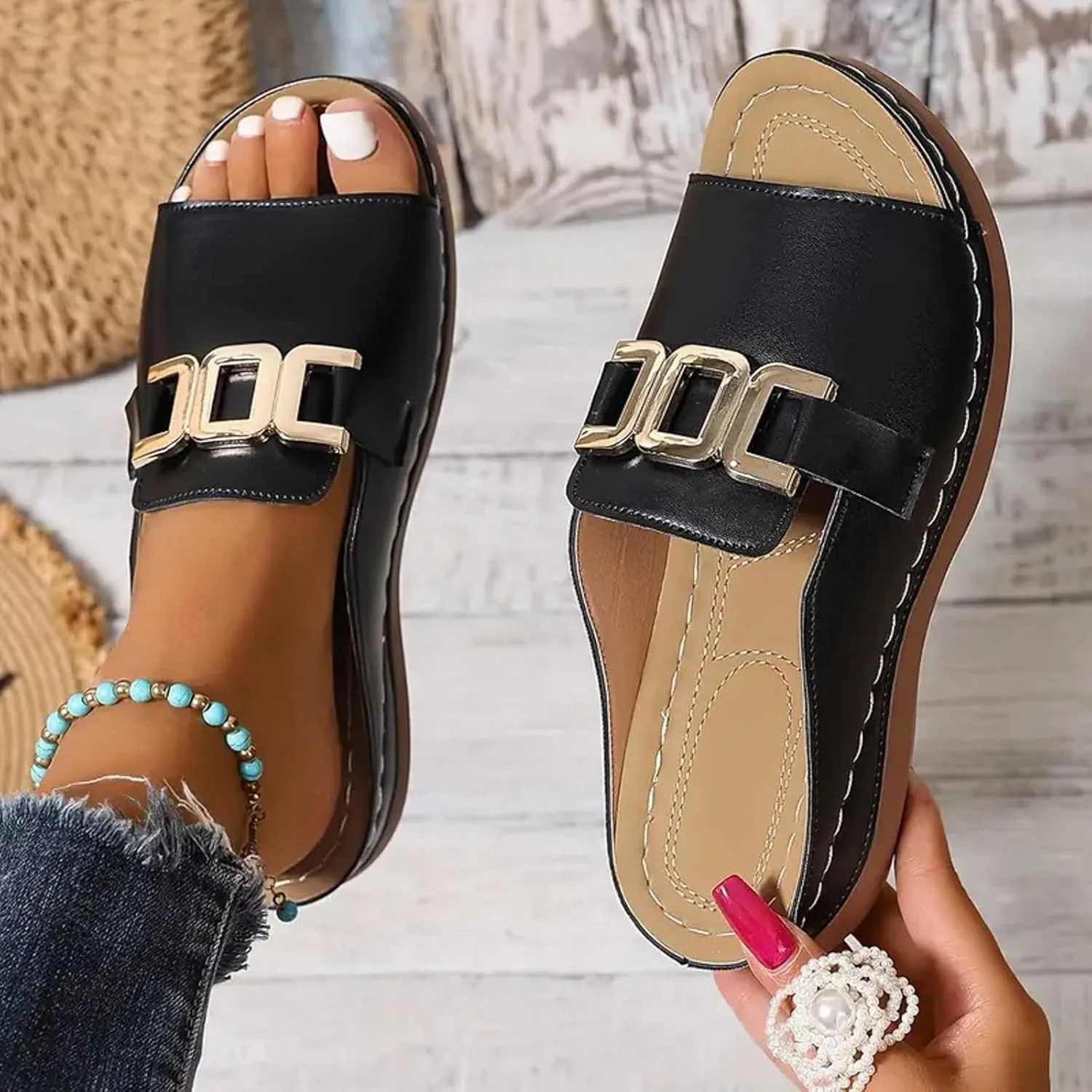 Summer Sandals for Women Comfortable Walking Low Heel Slip On Slippers Breathable Platform Wedges Sandals Lightweight Open Toe Slippers Orthopedic Arch Support Sandal