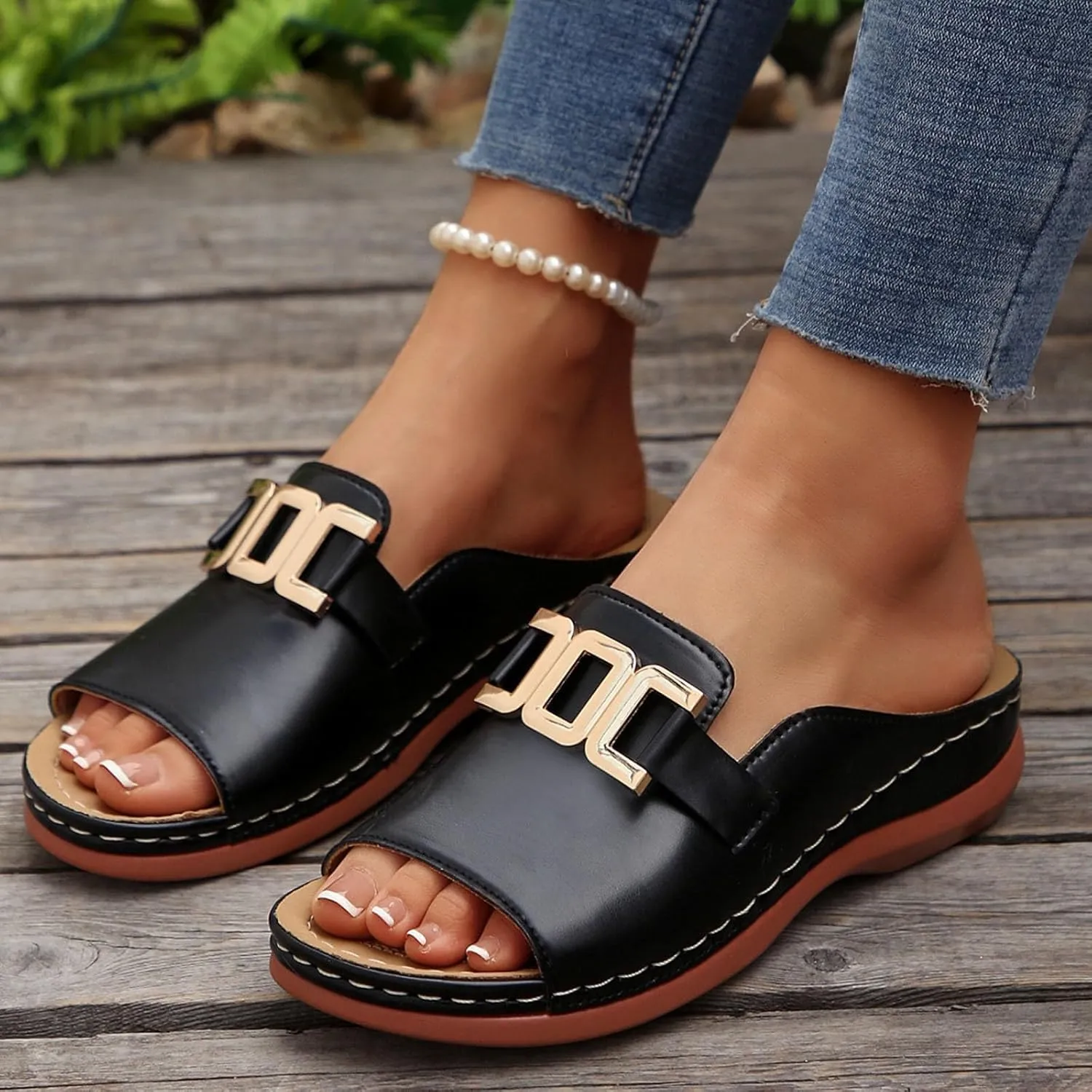 Summer Sandals for Women Comfortable Walking Low Heel Slip On Slippers Breathable Platform Wedges Sandals Lightweight Open Toe Slippers Orthopedic Arch Support Sandal