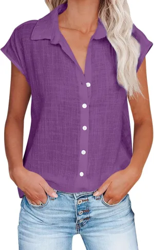 Summer Shirts for Women Trendy 2025 Cotton Linen Button Down Tops Casual Cap Sleeve Summer Blouses Work Clothes