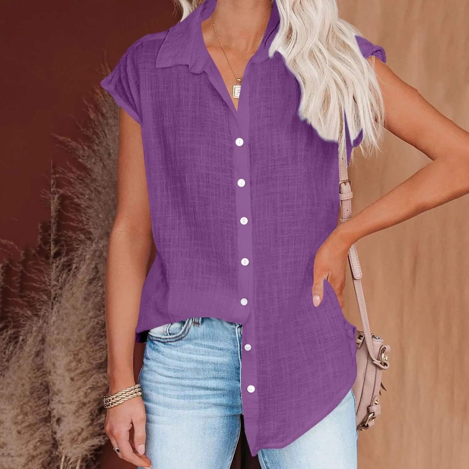 Summer Shirts for Women Trendy 2025 Cotton Linen Button Down Tops Casual Cap Sleeve Summer Blouses Work Clothes