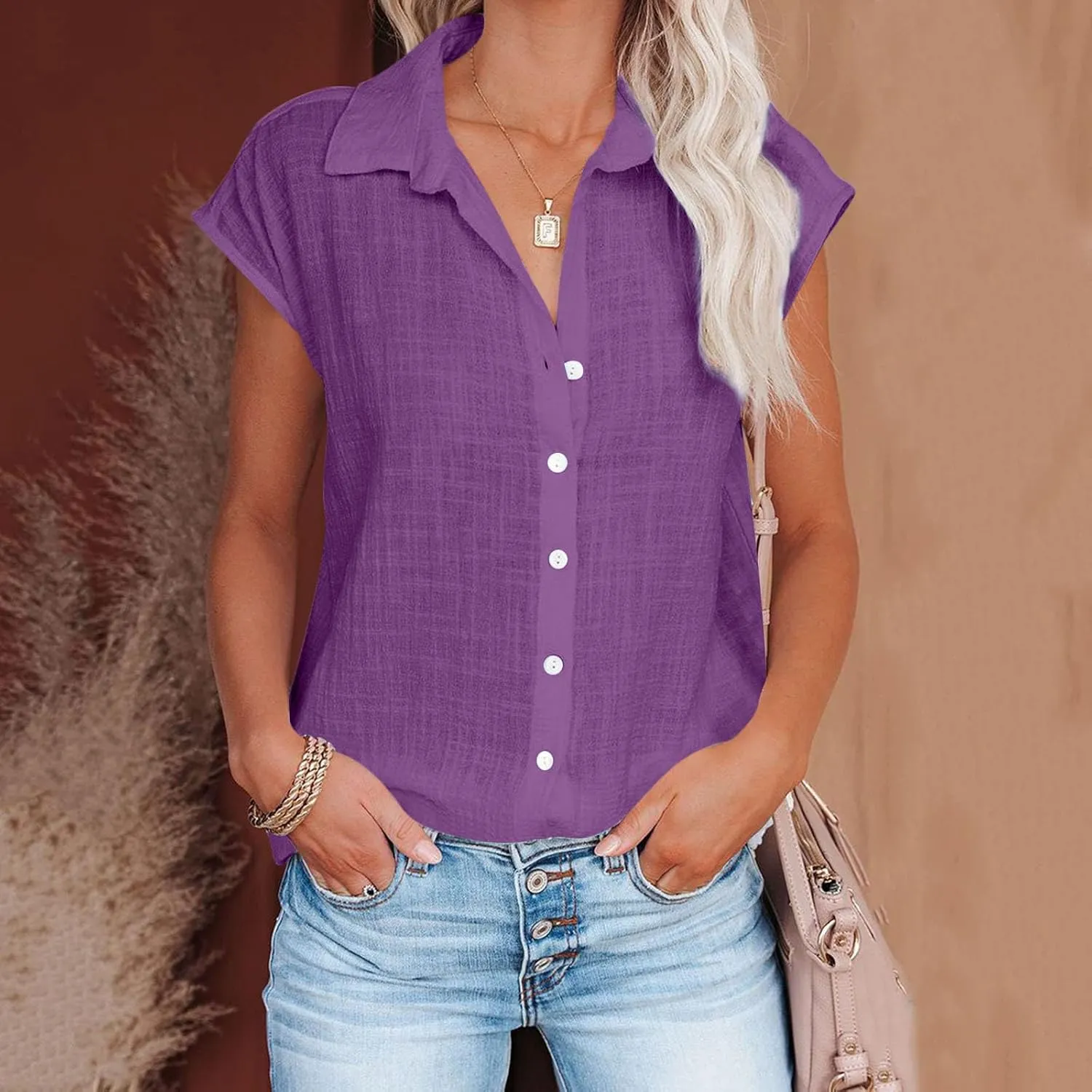Summer Shirts for Women Trendy 2025 Cotton Linen Button Down Tops Casual Cap Sleeve Summer Blouses Work Clothes