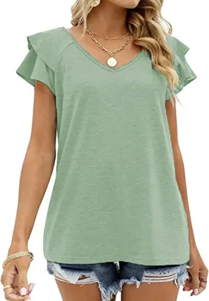 Summer T Shirts for Women V Neck Layered Ruffle Trim Short Sleeve Loose Fit Tees Baggy Lounge Outdoor Running Tops