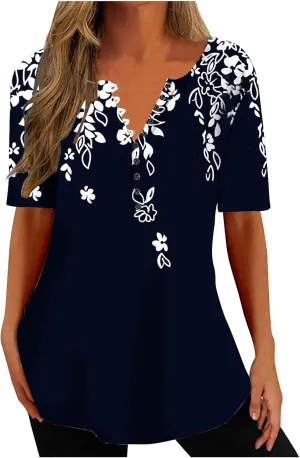 Summer Tops for Women 2024 Dressy Casual Boho Floral Print Tunic Shirts Short Sleeve Button Henley Tshirt Loose Blouse