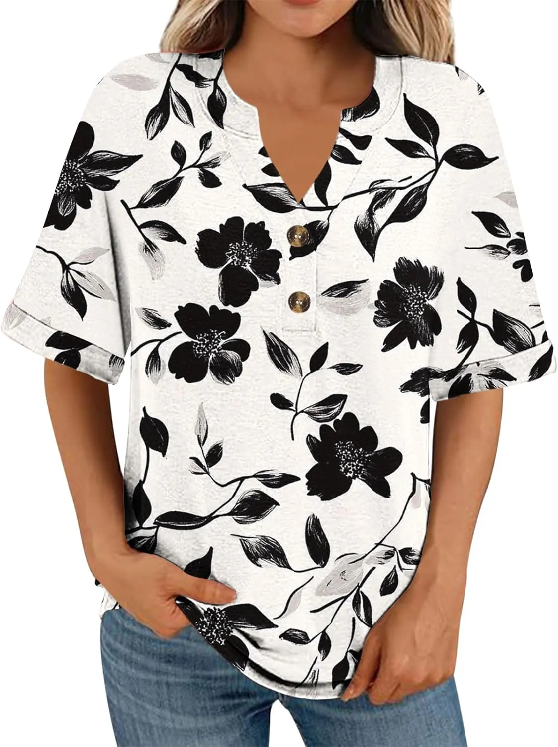 Summer Tops for Women 2025 Boho Short Sleeve V Neck Tunic Shirts Dressy Casual Floral Blouse Trendy Vacation Outfits