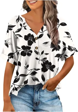 Summer Tops for Women 2025 Boho Short Sleeve V Neck Tunic Shirts Dressy Casual Floral Blouse Trendy Vacation Outfits