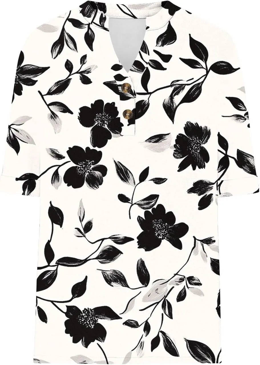 Summer Tops for Women 2025 Boho Short Sleeve V Neck Tunic Shirts Dressy Casual Floral Blouse Trendy Vacation Outfits
