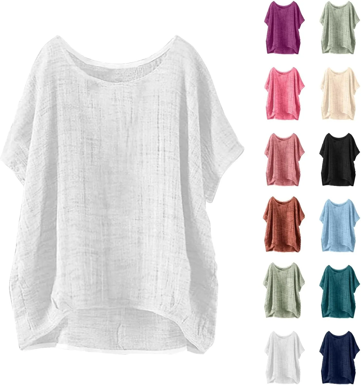 Summer Tops for Women 2025 Short Sleeve Crew Neck Linen Cotton Shirts Plus Size Gauze Casual Dressy Blouse Outfits
