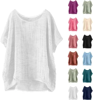 Summer Tops for Women 2025 Short Sleeve Crew Neck Linen Cotton Shirts Plus Size Gauze Casual Dressy Blouse Outfits