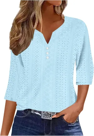 Summer Tops for Women 2025 Trendy 3/4 Sleeve v Neck Eyelet Shirts Dressy Casual Holiday Vacation Tunic Blouses