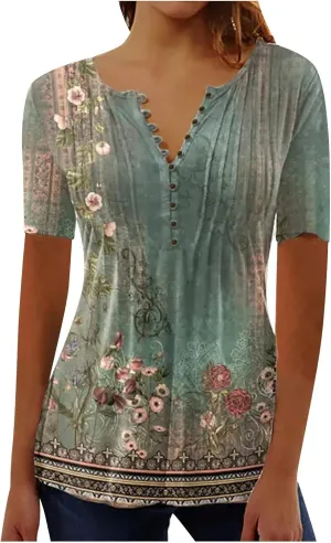 Summer Tops for Women 2025 Trendy Boho Floral Print Tunic Shirts Short Sleeve Button V Neck Tshirt Casual Blouse