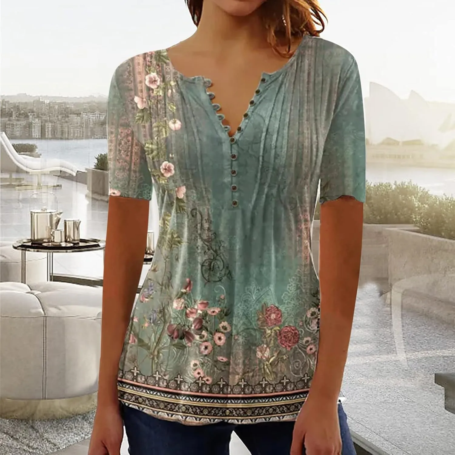 Summer Tops for Women 2025 Trendy Boho Floral Print Tunic Shirts Short Sleeve Button V Neck Tshirt Casual Blouse