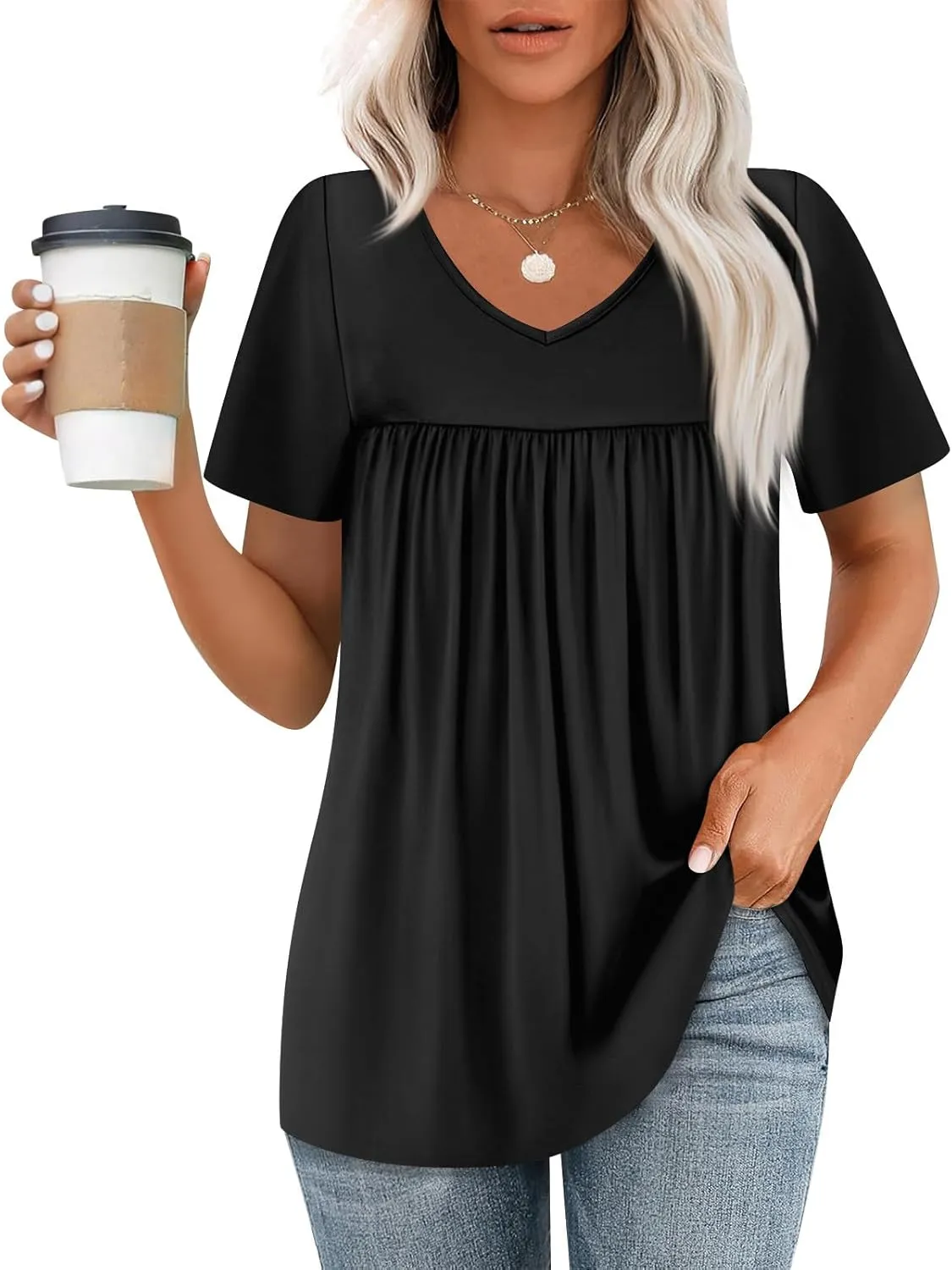 Summer Tops for Women 2025 Trendy V Neck Short Sleeve Pleated Front Shirts Dressy Casual Blouses Loose Fit Tunics