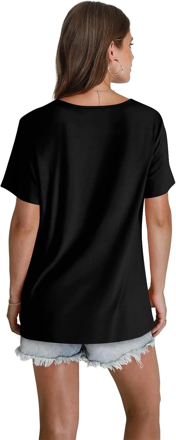 Summer Tops for Women 2025 Trendy V Neck Short Sleeve Pleated Front Shirts Dressy Casual Blouses Loose Fit Tunics