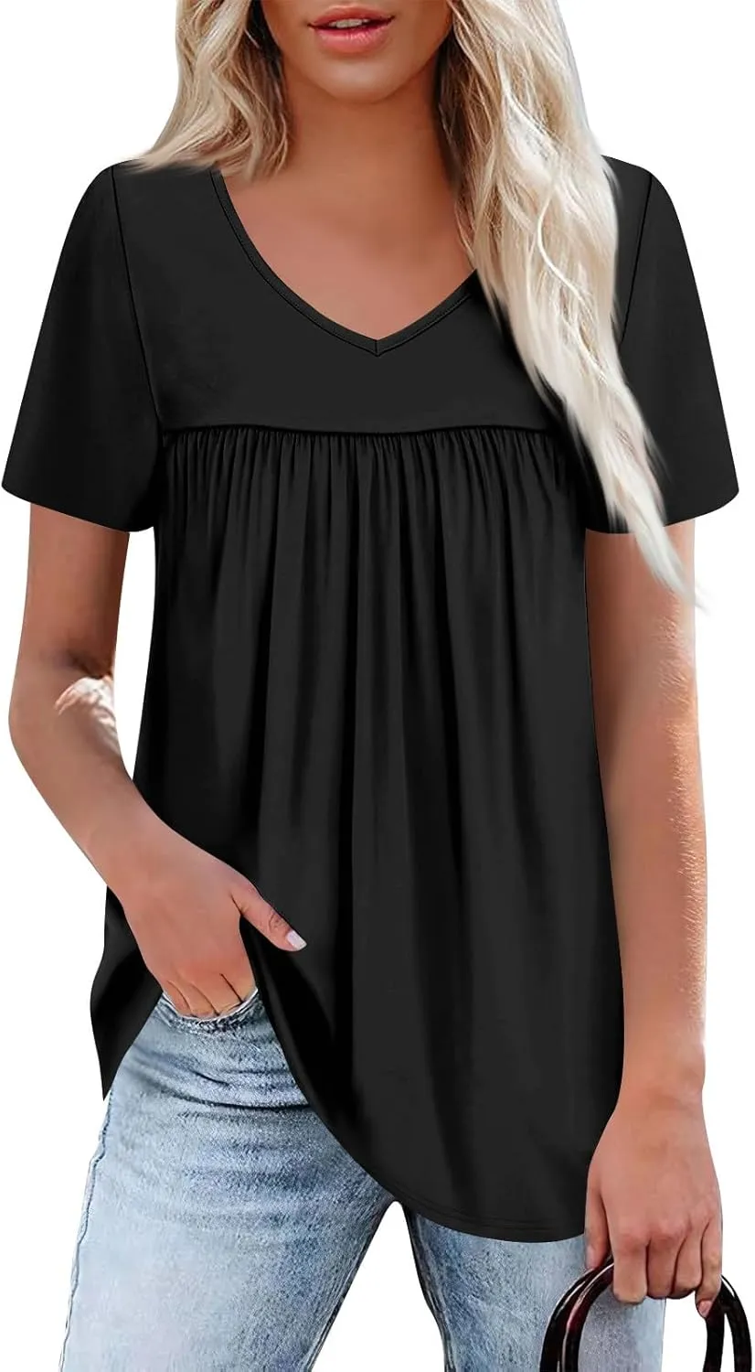 Summer Tops for Women 2025 Trendy V Neck Short Sleeve Pleated Front Shirts Dressy Casual Blouses Loose Fit Tunics
