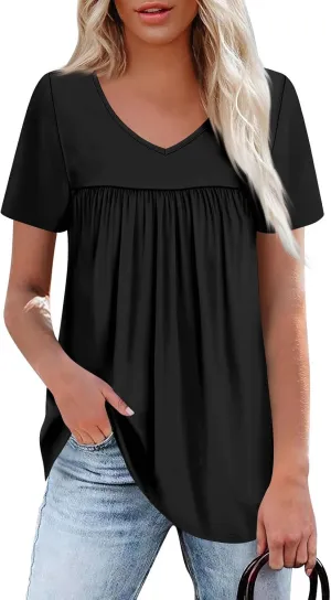 Summer Tops for Women 2025 Trendy V Neck Short Sleeve Pleated Front Shirts Dressy Casual Blouses Loose Fit Tunics