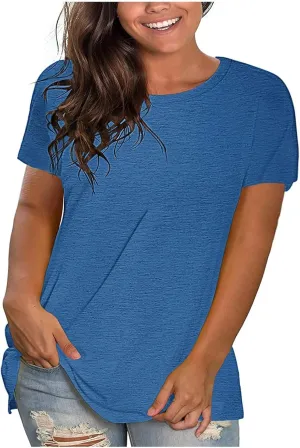 Summer Tops for Women Casual Round Neck Short Sleeve Tshirt Plus Size Solid Color Blouses Loose Comfy Shirts