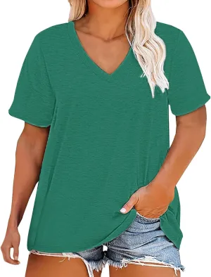 Summer Tops for Women Trendy 2025 V Neck Short Sleeve T-Shirts Solid Color Oversized Outfits Casual Loose Fit Blouses