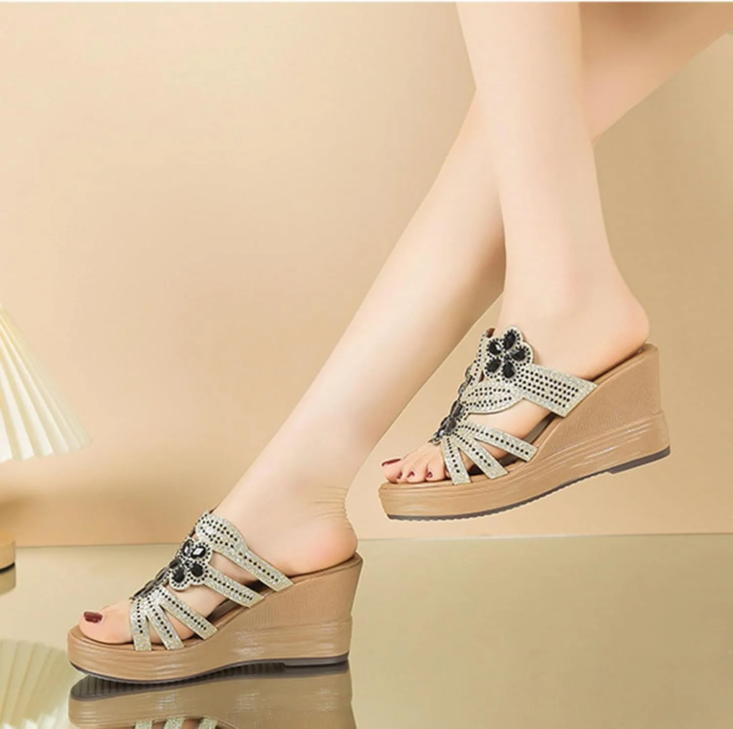 Summer Wedge Sandals for Women Dressy Casual High Heel Slides Comfort Platform Slide Sandal Beach Shoes Mules
