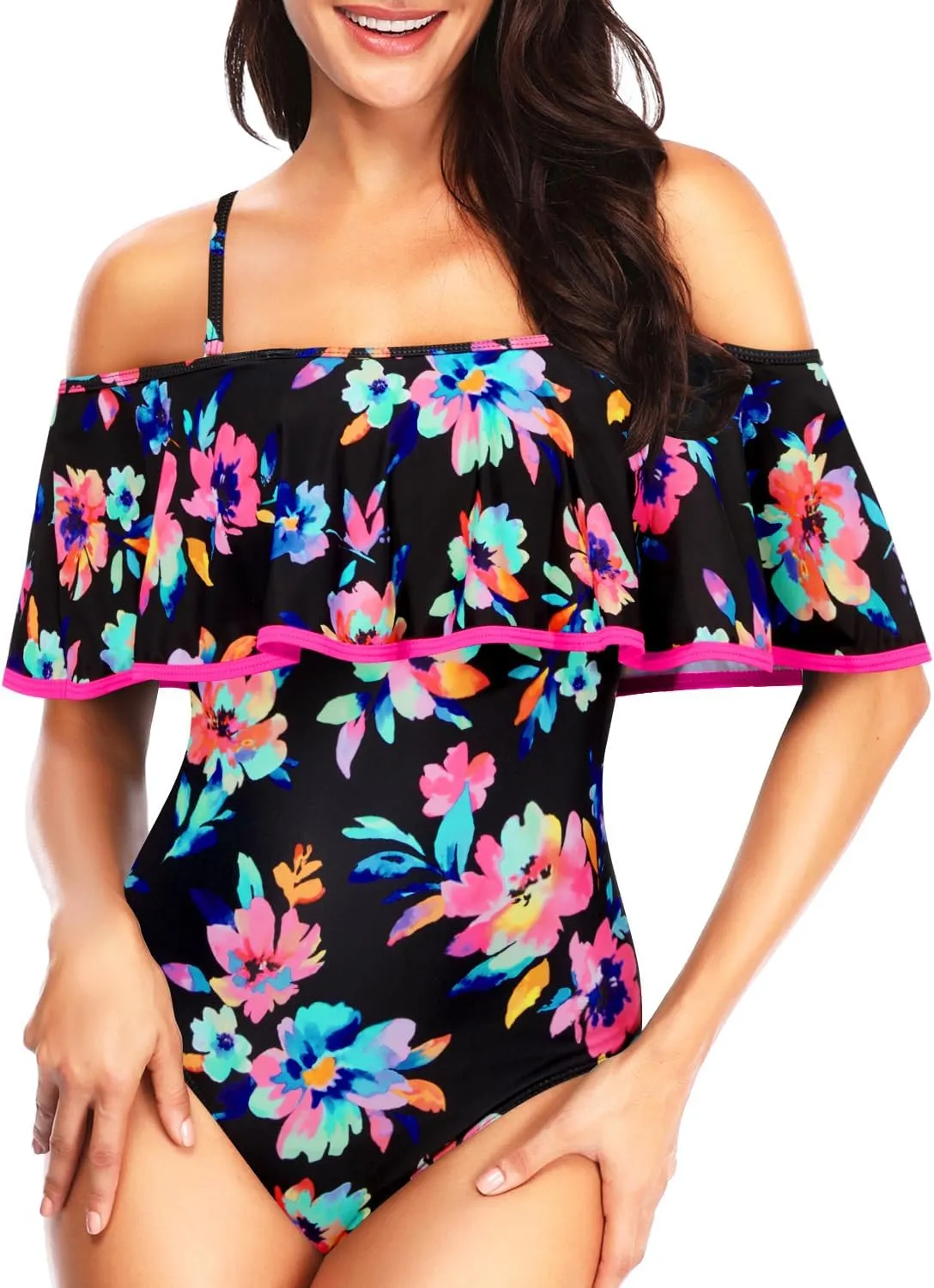 Tempt Me Women's One Piece Swimsuit Vintage Off Shoulder Ruffled Bathing Suits