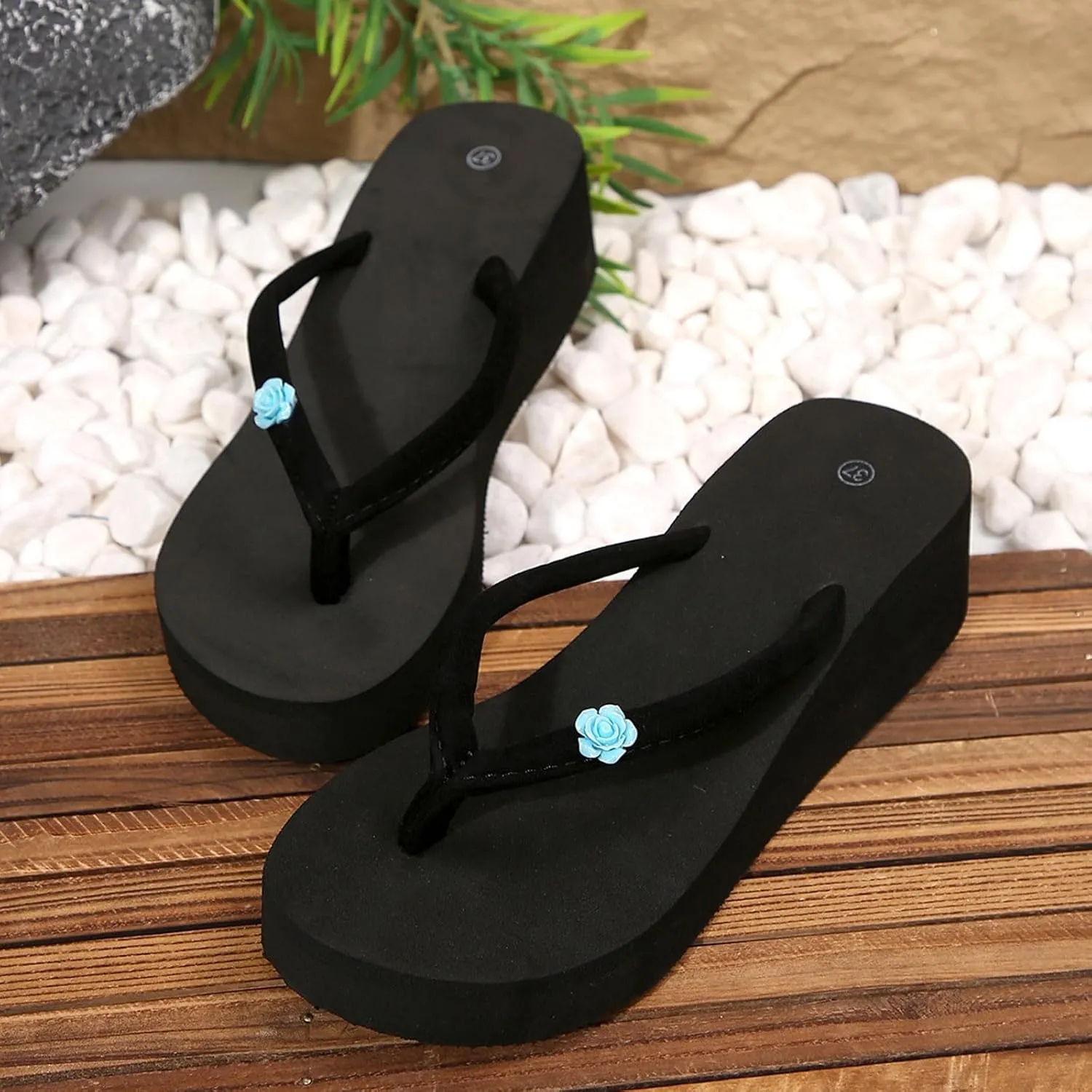 Thong Sandals for Walking Women's Wedge Heel Beach Flip Flops Flower Beach Flip Flops Thick Bottom