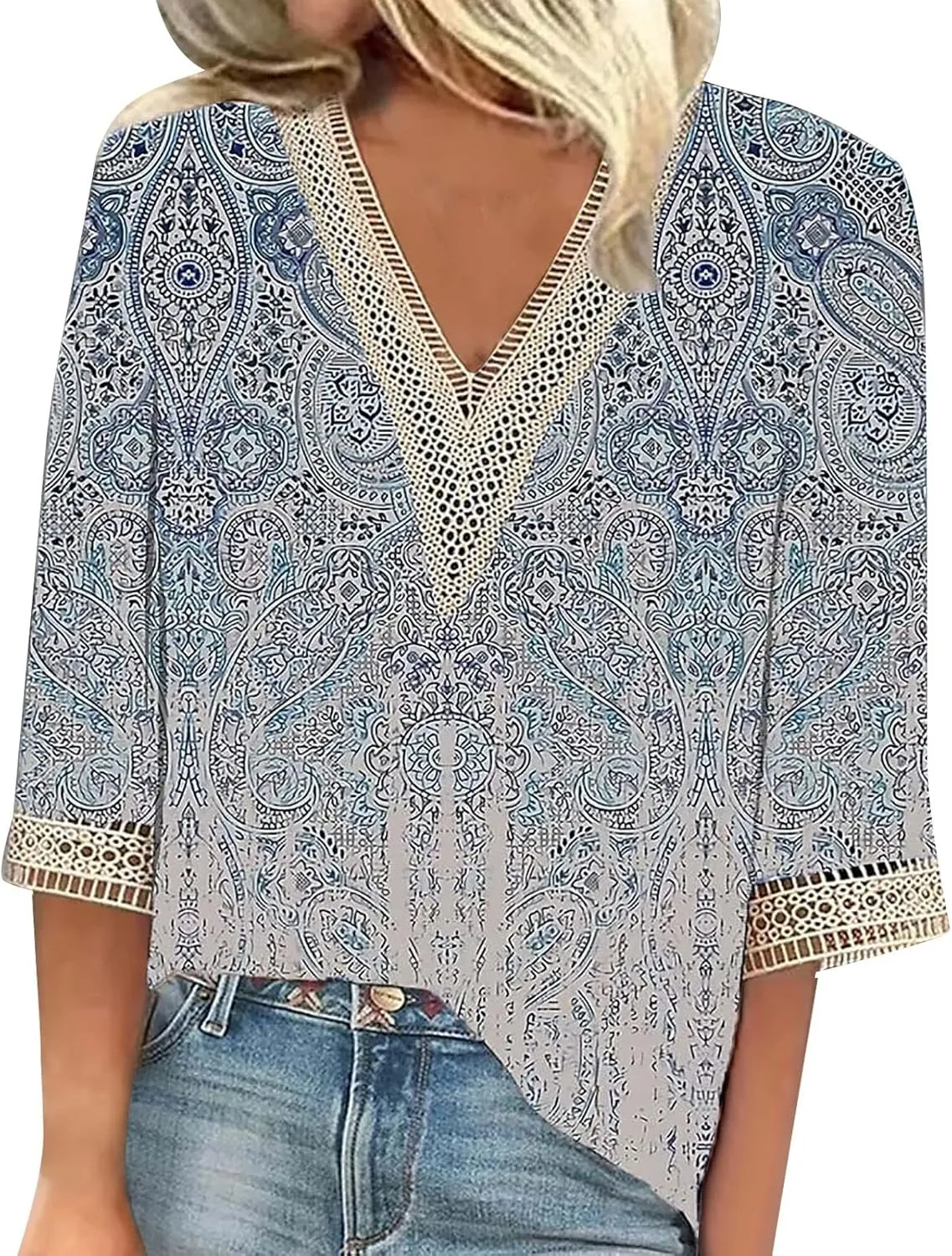 Three Quarter Sleeve Tops Woman Lace Trim V Neck Crochet Tops Boho Hawaiian Shirt, Small-5X-Large