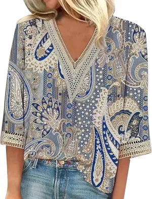 Three Quarter Sleeve Tops Woman Lace Trim V Neck Crochet Tops Boho Hawaiian Shirt, Small-5X-Large